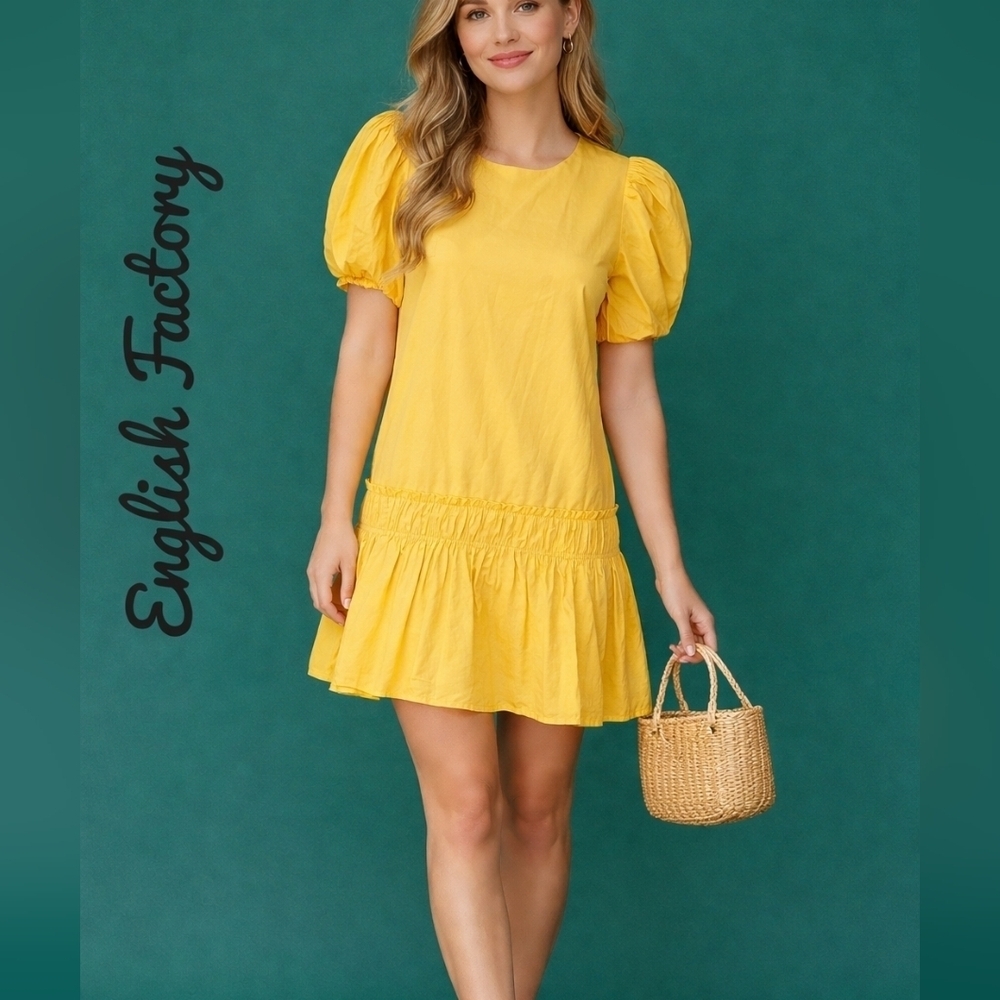 ENGLISH FACTORY Canary Yellow Puff Sleeve Ruffled Drop Waist Mini Dress